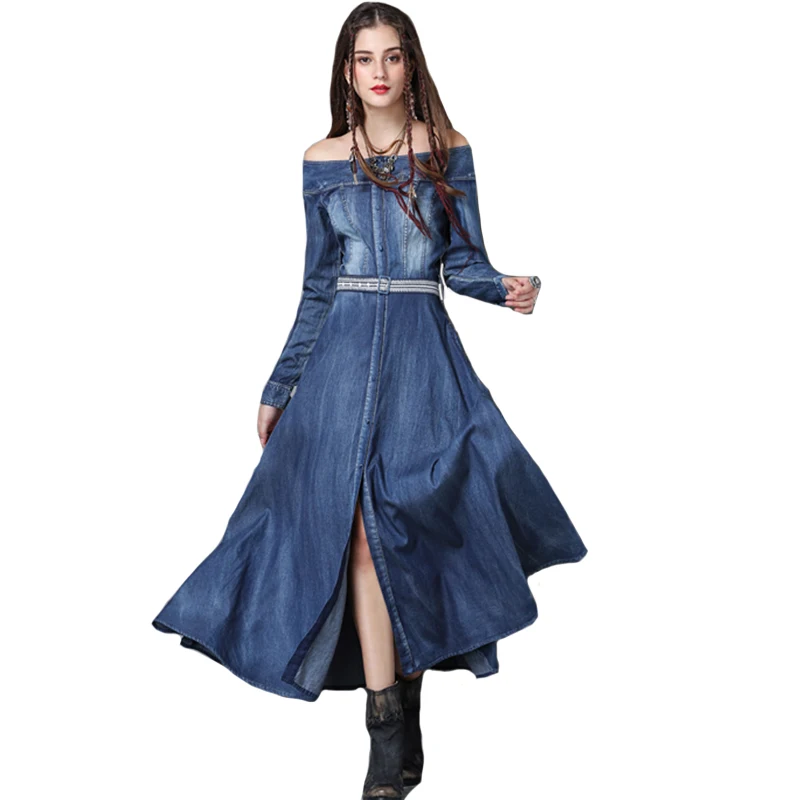

TUHAO Slim High Waist Slash Neck Vintage Maxi Dress Women Front Buttons Off the Shoulder Denim Dresses With Sashes T82050
