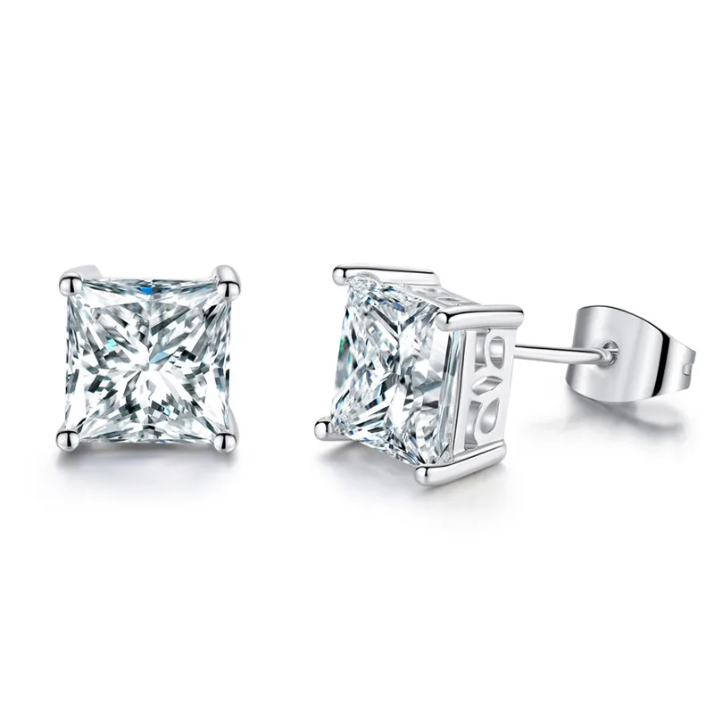 4/5/6/7MM Princess Cut Crystal Square Stud Earrings For Women Men Silver Rose Gold Color Black CZ White Blue Fire Opal Earrings