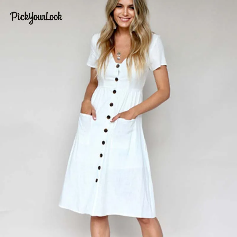 PickyourLook женское платье летняя повседневная одежда на пуговицах с карманом Vestidos
