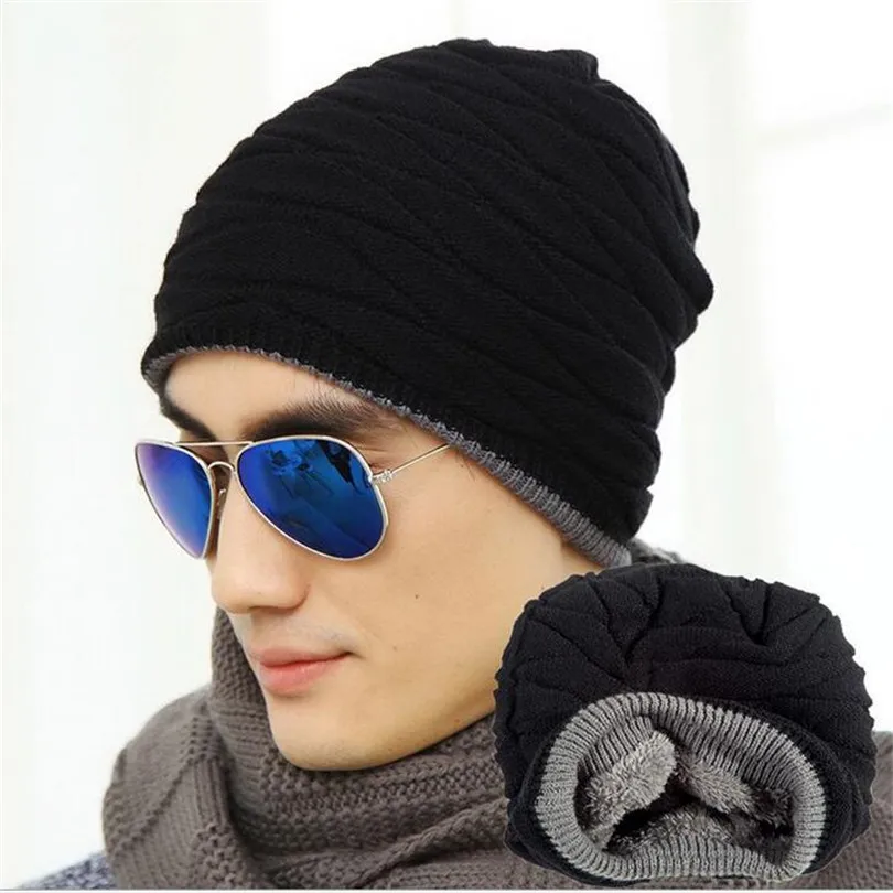 

CUHAKCI Men Cool Knitted Wool Solid Color Black Winter Beanies Women Hat Ski Warm Cap