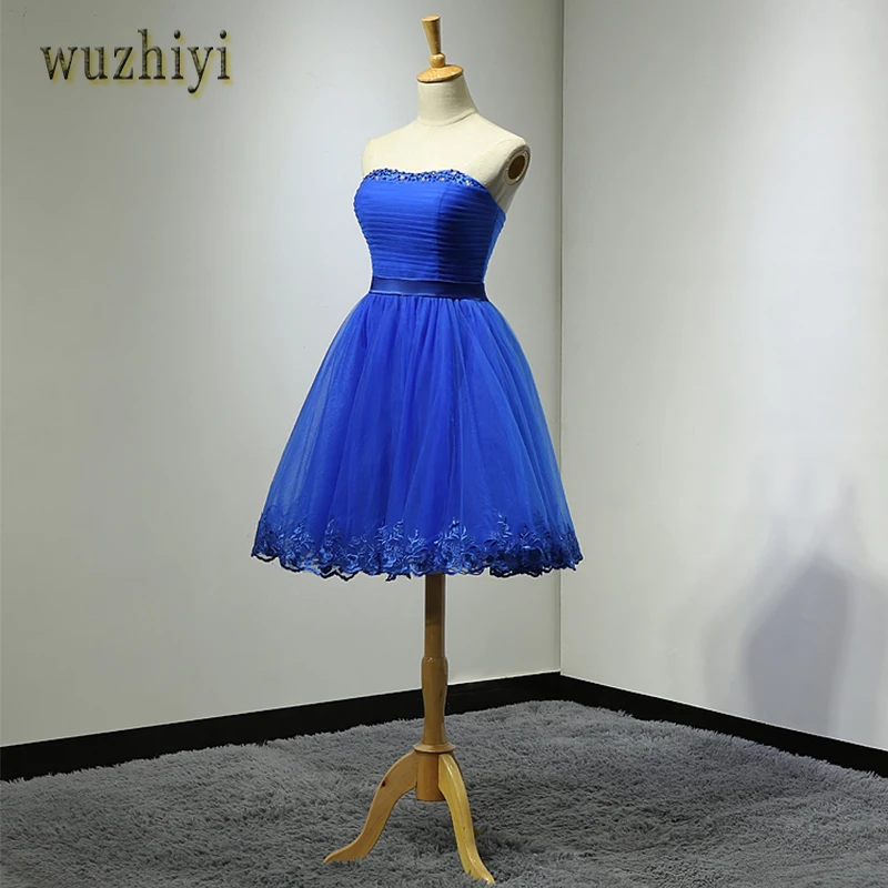 

wuzhiyi 2020 New Arrival Passionate Polyester short Graduation Dresses A-line tull Sleeveless with Blue Red Green Cheap Dress