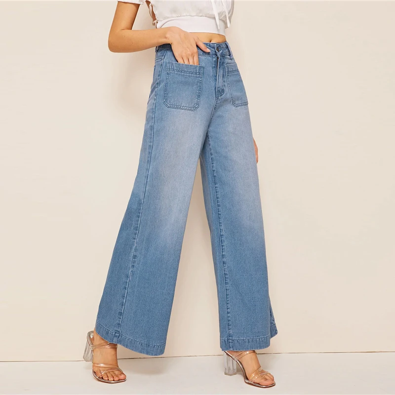 Sheinside Blue Vintage Double Pocket Detail Jeans Women Summer Mid Waist Wide Leg Trousers Ladies Denim Button Pants