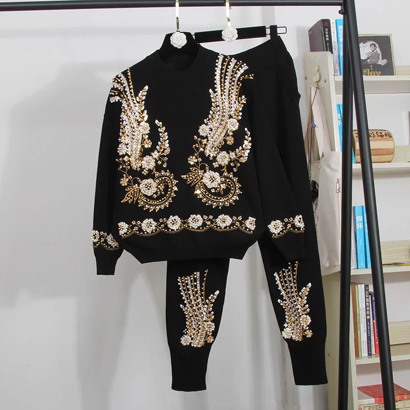 Great quality sequins beading knit suits female heavy industry beading flowers long sleeve sweater + pant two pieces sets wq2165