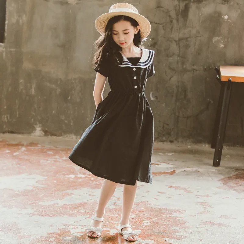 6 to 16 years kids &amp teenager girls summer sailor collar cotton casual school uniform dress children fashion black midi | Детская
