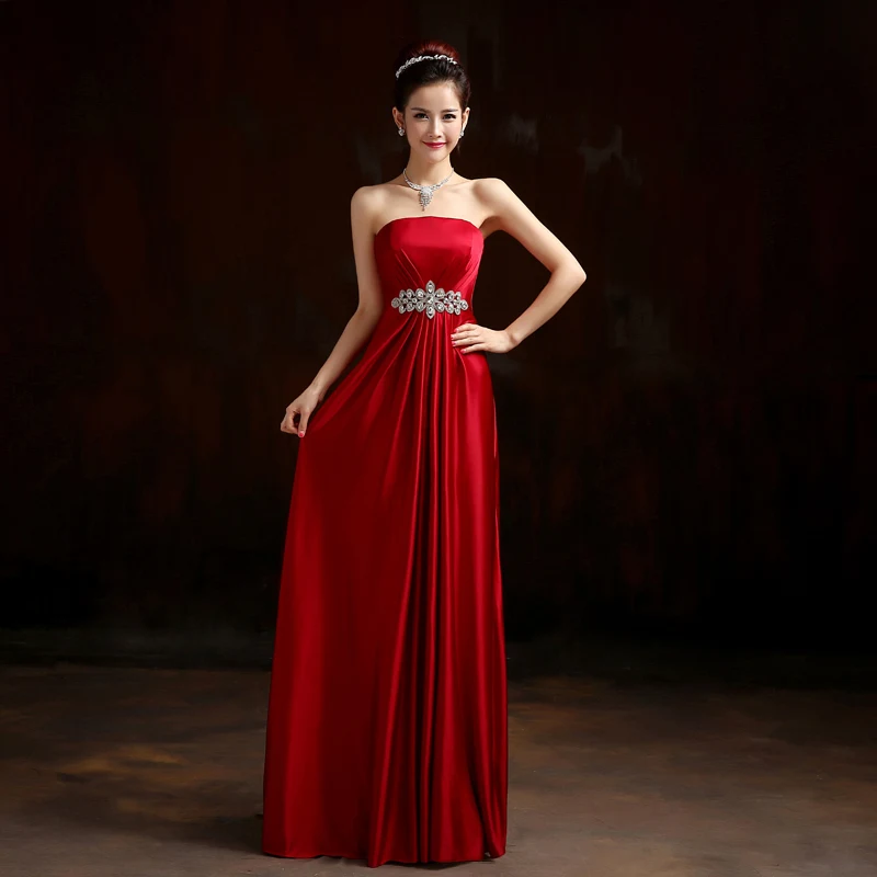 2015 Elegant And Simple Sleeveless Strapless Bridesmaid Dresses Long Red With Rhinestone Plus Size | Свадьбы и торжества