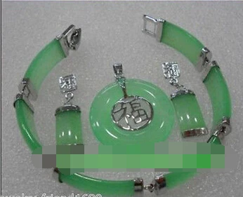 Jewelry Silver Plated Green Jade Pendant bracelet earring set AAA style&gtjewelry Quartz Crystal Women Wedding |