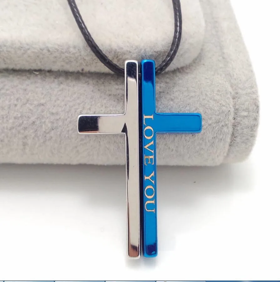 Модное ожерелье с подвеской из титановой стали Love You Bible Cross кожаной веревкой|necklace