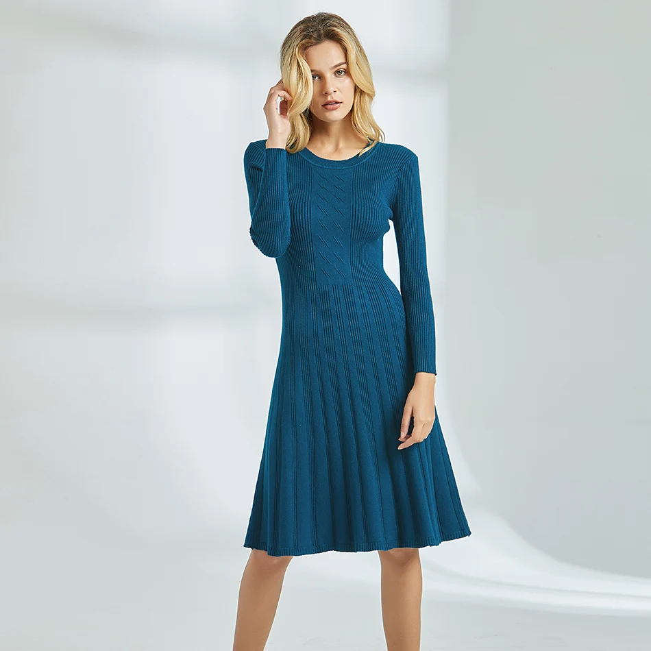 Autumn Winter Dress Casual Black Blue Female Knee Length Knitted Dresses Women Bodycon Long Sleeve Women's Sweater Dress