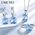 UMCHO Небесно-Голубой топаз драгоценный камень Свадебные Ювелирные наборы для женщин 925 стерлингового серебра обручальные кольца ожерелье кулон клипсы серьги