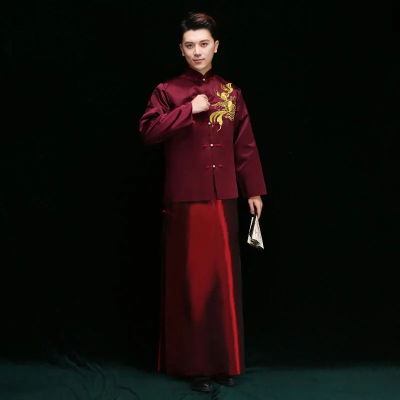Жених Винтаж Свободные Cheongsam Традиционный китайский свадебное платье красный сатиновое платье-Ципао Вышивка Дракон костюм Vestido Oriental мужские - Цвет: BURGUNDY DRESS