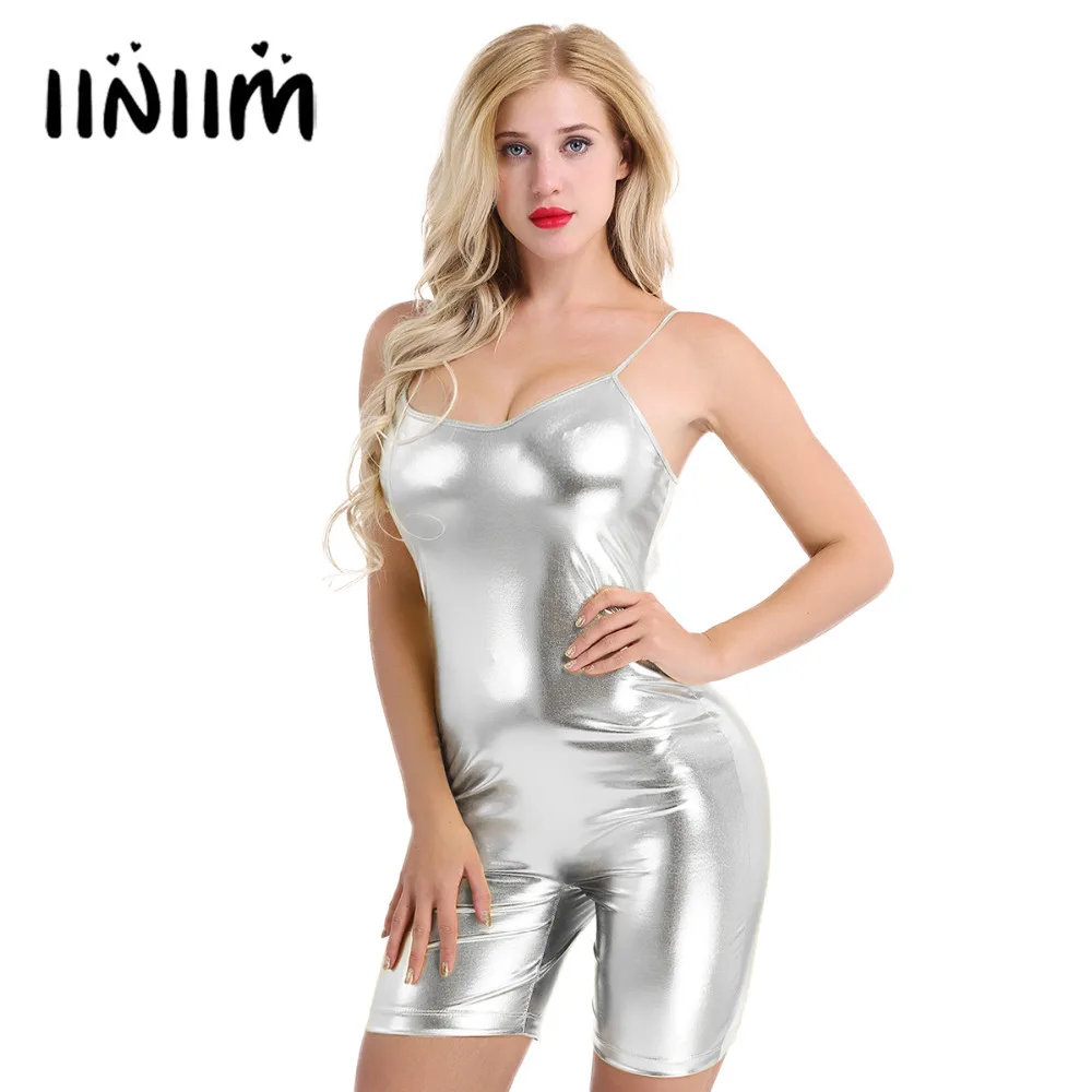 

Women One Piece Shiny Patent Leather Spaghetti Stretch Slim Fit Short Leotard Short Dancing Playsuit Bodysuit Party Clubwear