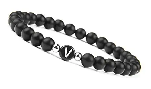 Letter V bracelet Браслет из бисера с натуральными камнями для мужчин и женщин, A-Z браслет с 26 буквами, 6 мм, матовый черный оникс, браслеты ручной работы, модное ювелирное изделие - Окраска металла: Letter V bracelet