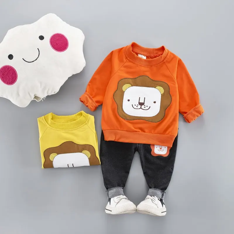 2Pcs Children's Set Boys Clothing Kids Cartoon Lion Print Cotton Sweatshirt Tops Denim Pants Sets |