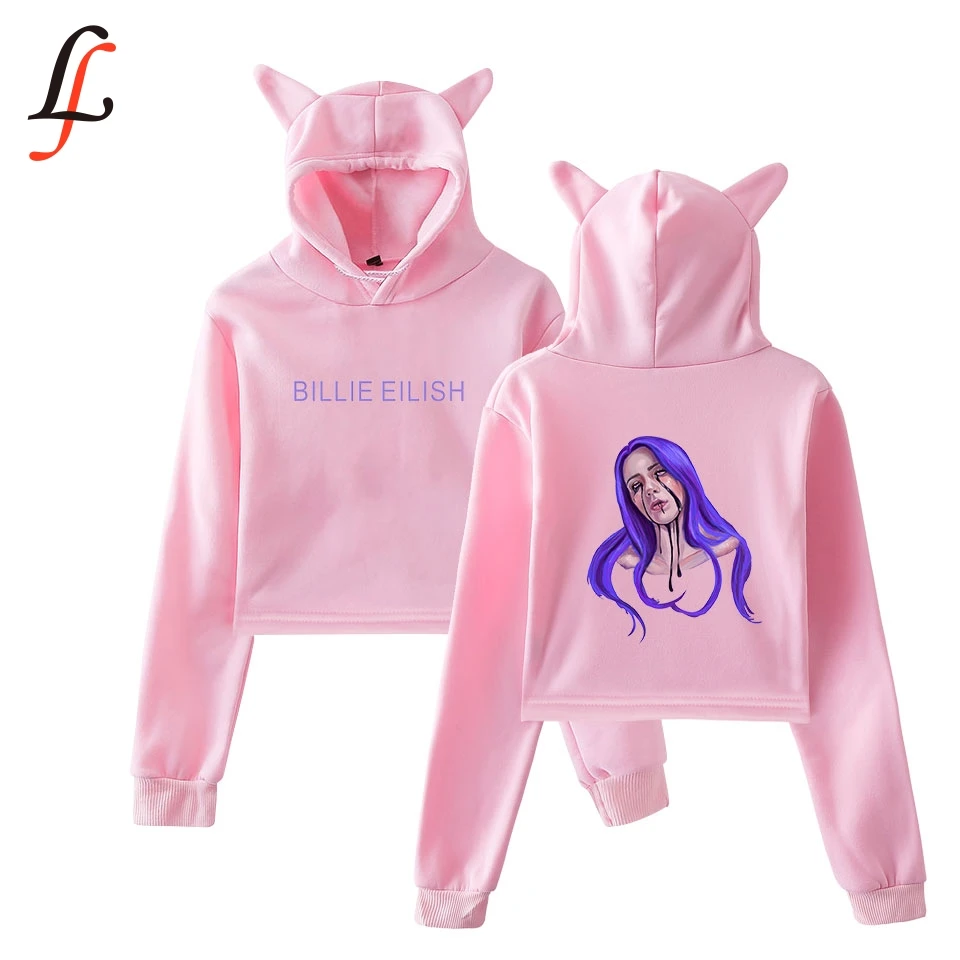 Billie Eilish Кепка с кошачьими ушками сексуальные толстовки модный тренд короткий кошачий Топ Женская толстовка с принтом сексуальная одежда Kpop