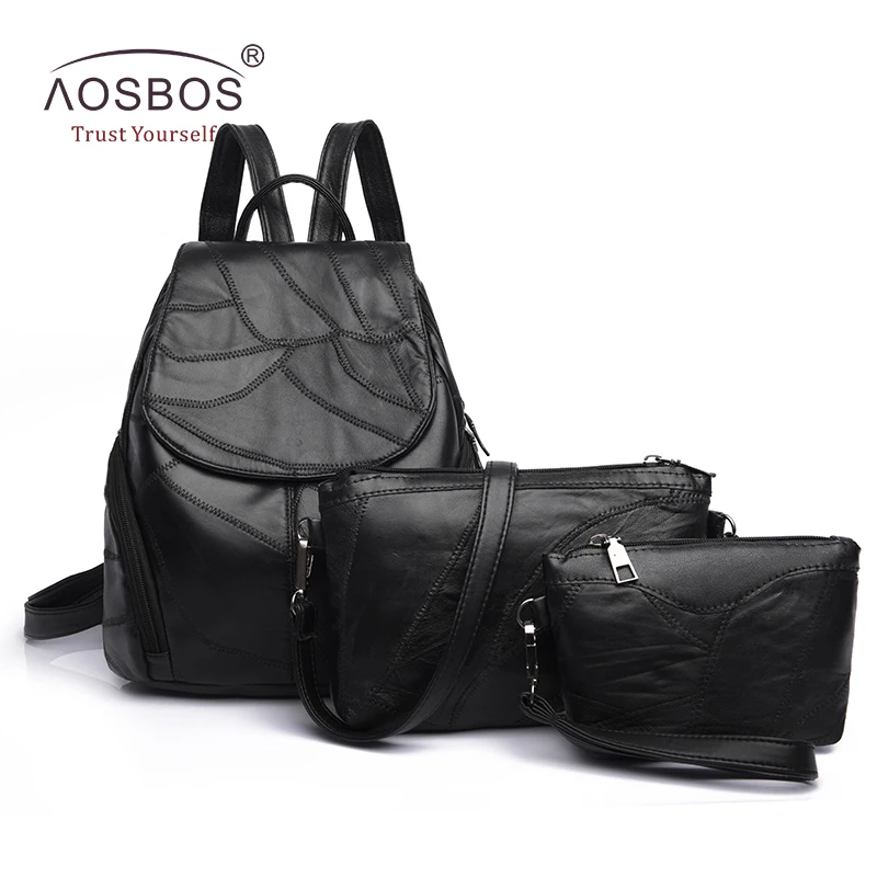 

Aosbos 3Pcs/set Genuine Leather Backpacks Women Fashion Patchwork Travel Composite Bags Female Casual Black School Bag Backpack