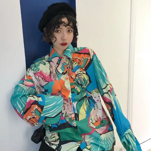 Korobov рубашки женские Новая мода мультяшный принт Harajuku женская рубашка с длинным рукавом Свободная Повседневная Mujer Blusas блузка 77273 - Цвет: photo color