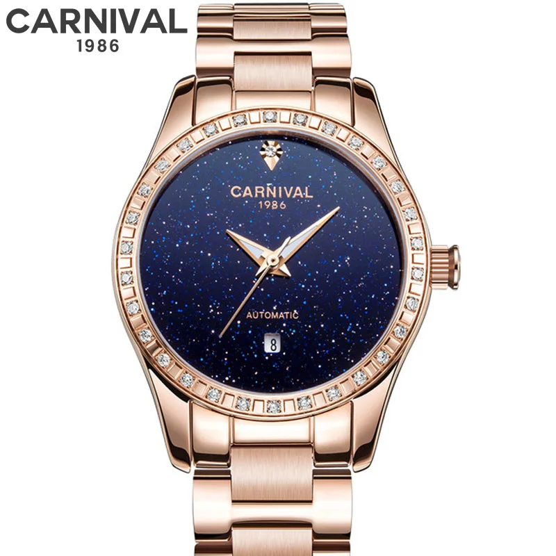 CARNIVAL Luxury Brand Starry Sky Fashion Automatic Mechanical Rose Gold Watches 2023 New Ladies Waterproof Women Female Watch