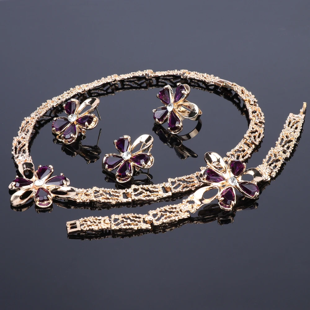 African Jewelry Set Gold Color Purple/Green Zircon Austrian Crystal Women Wedding Necklace Bracelet Earring Ring | Украшения и
