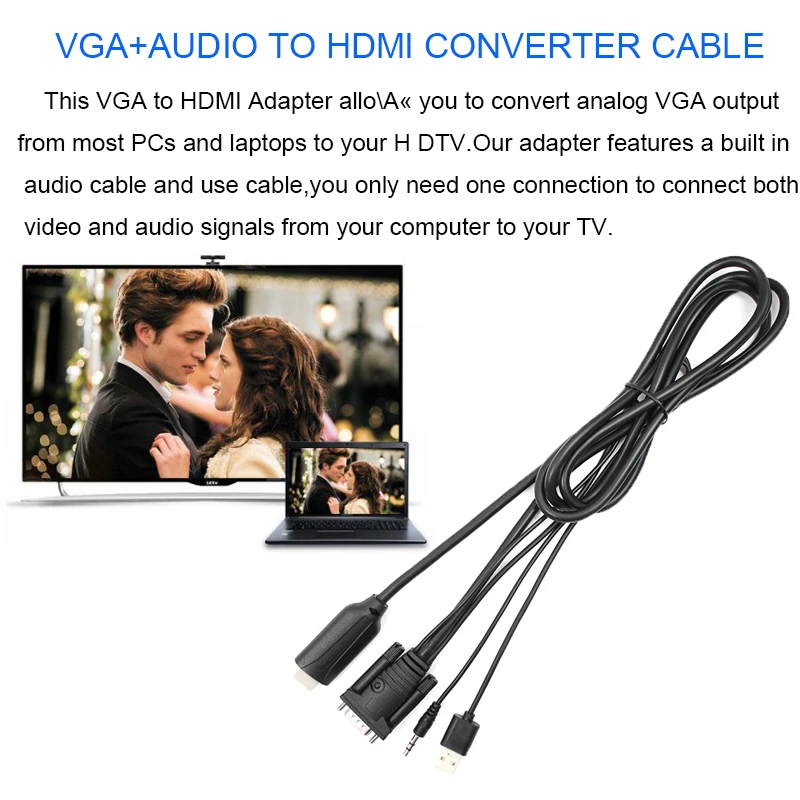 1.8M  VGA to HDMI Adapter Convertor Cable Converter  Support Audio for HDTV PC
