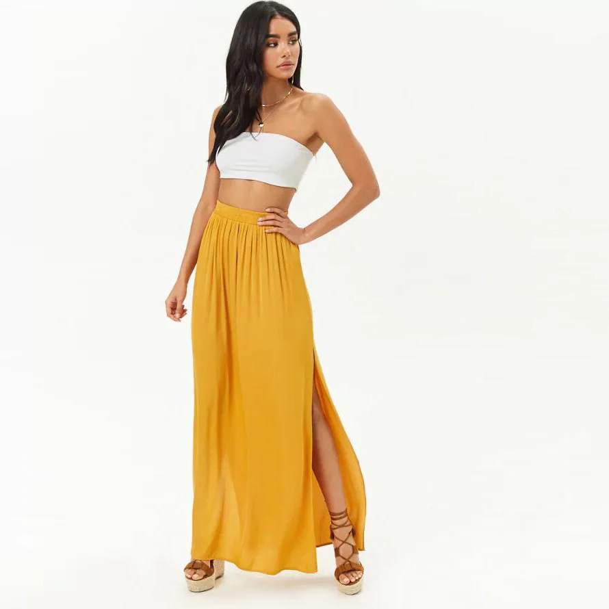 

Summer Bohemian Long Chiffon Skirts For Women Elastic Straight Fashion Skirt Female With Side Split Beach Female Skirt