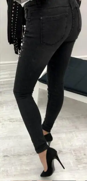 

New 2018 Streetwear pearl hole jeans female Casual pocket skinny pencil jean pants Autumn winter low waist jean women bottom