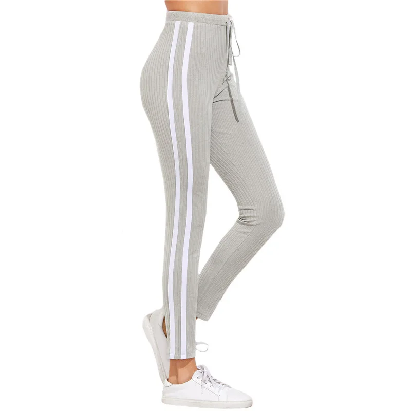 2019 Spring and summer Fashion Women Side Striped Casual pants Gray Mid waist Drawstring tight Trousers Plus size | Женская одежда
