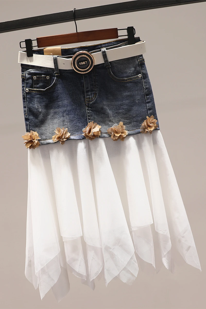 Женская сетчатая джинсовая Лоскутная юбка с цветочной аппликацией