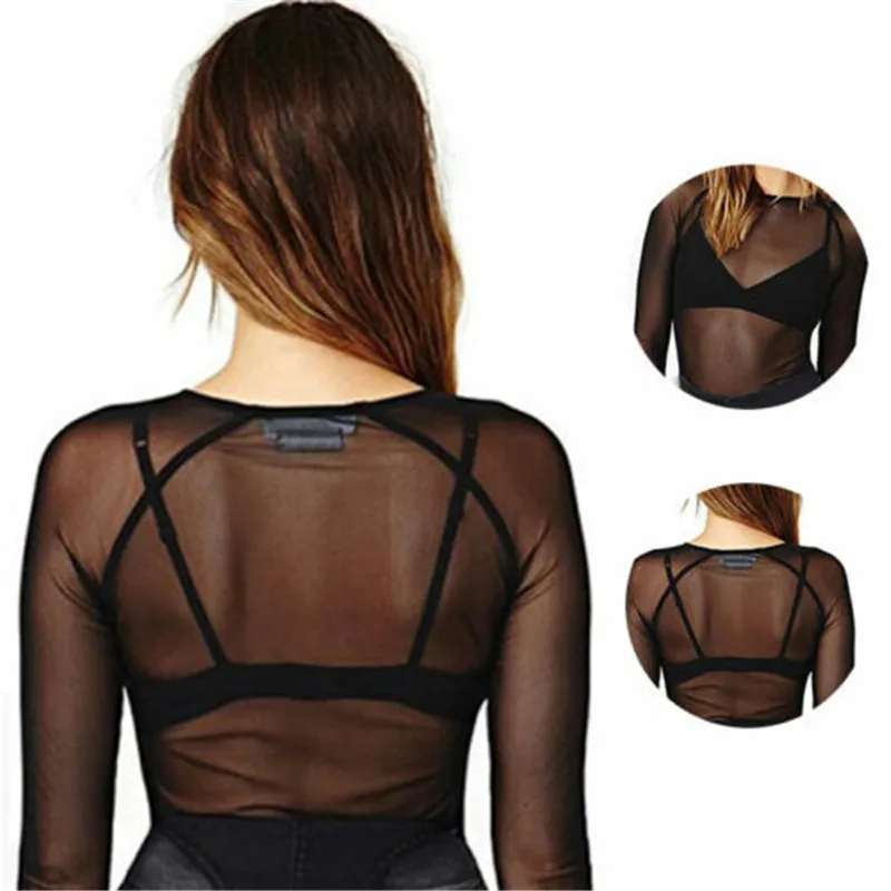 Для женщин полые сетки футболка из через Sheer Mesh Tee Клубная одежда с длинным