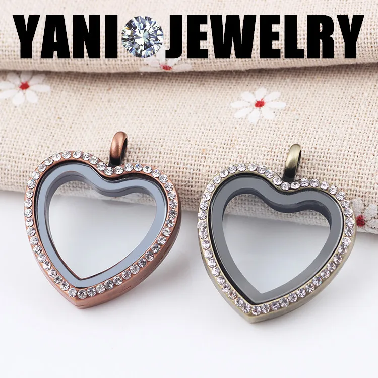 

10pcs/lot Vintage Brass Bronze Floating Heart Locket Pendant With Rhinestones Magnetic Memory Photo Living Glass Locket