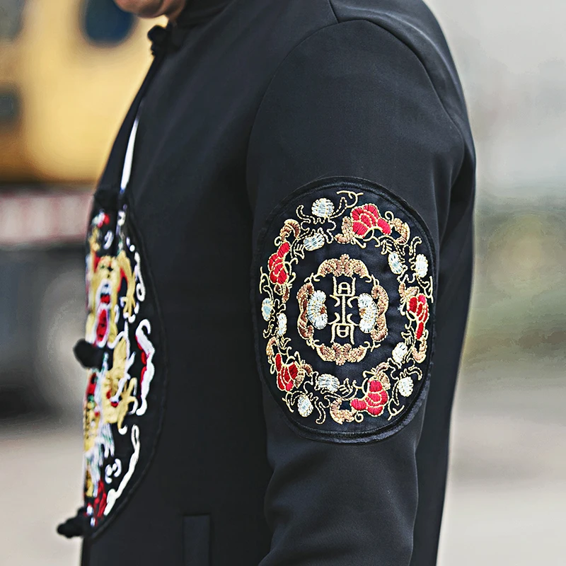 Дракон Вышивка куртка Для мужчин китайский Стиль S Костюмы Пан Коу Повседневное