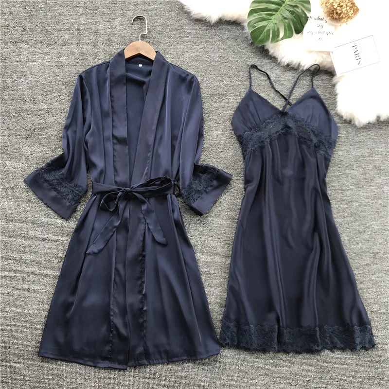 Lisacmvpnel Sexy Lace Women Robe Set Spaghetti Strap Rayon With Removable Pad Nightdress+Robe Sleepwear | Женская одежда