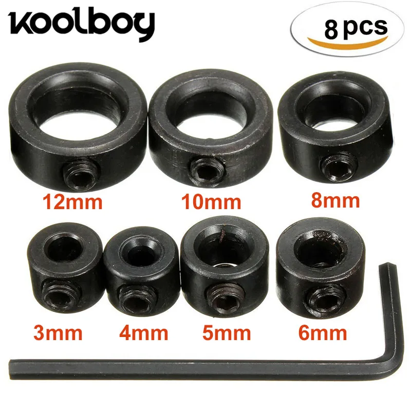 

8Pcs Mini Woodworking Drill bit stop collar set + Hex Wrench High Carbon Steel Ring Positioner Drill Locator 3,4,5,6,8,10,12mm