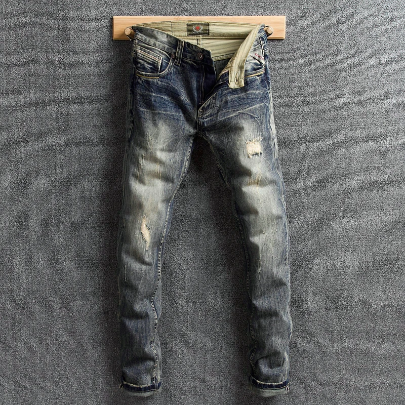Italy Fashion Men Jeans Vintage Design Slim Fit Ripped For Retro Washed Destroyed Denim Pants Streetwear Hip Hop | Мужская одежда