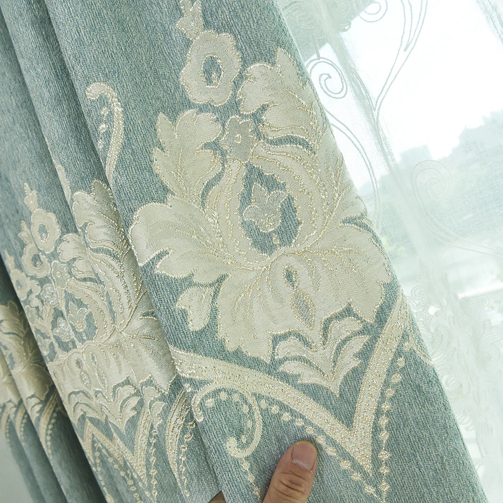 

Custom curtains Europe curtain Chenille Jacquard thick blue bedroom window shade living room blackout curtain tulle yarn M605