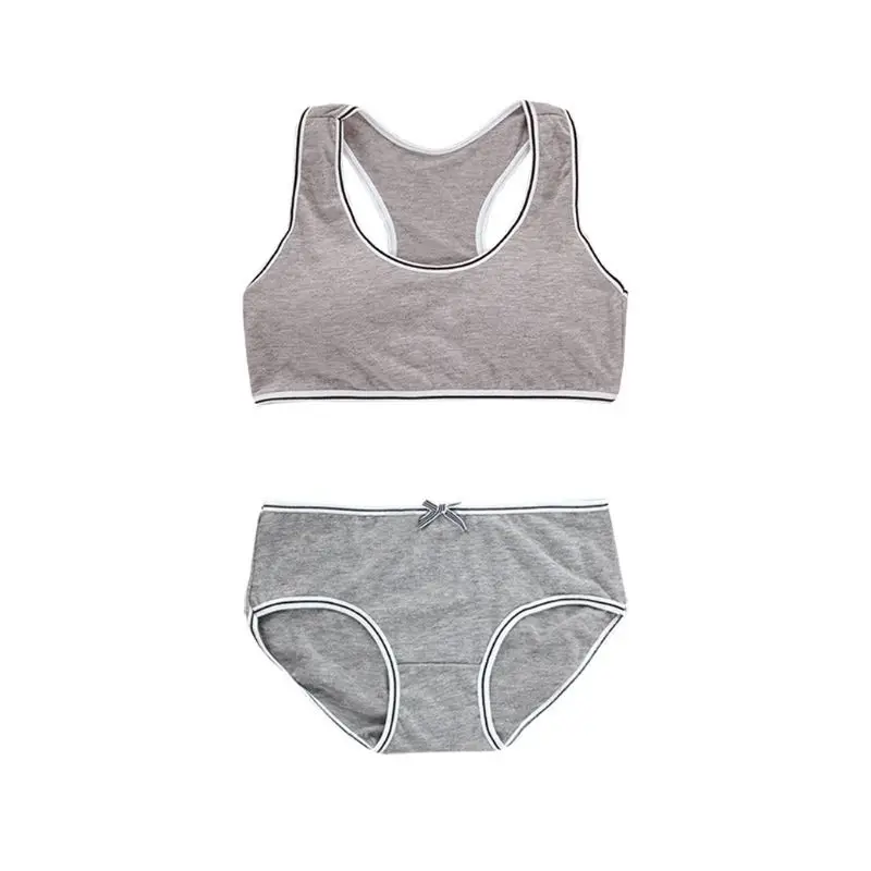 Gray Teenager Young Girls Bra Teens Girl Underwear Puberty Student Sriped Training Bra Underwear Set - Color: Gray