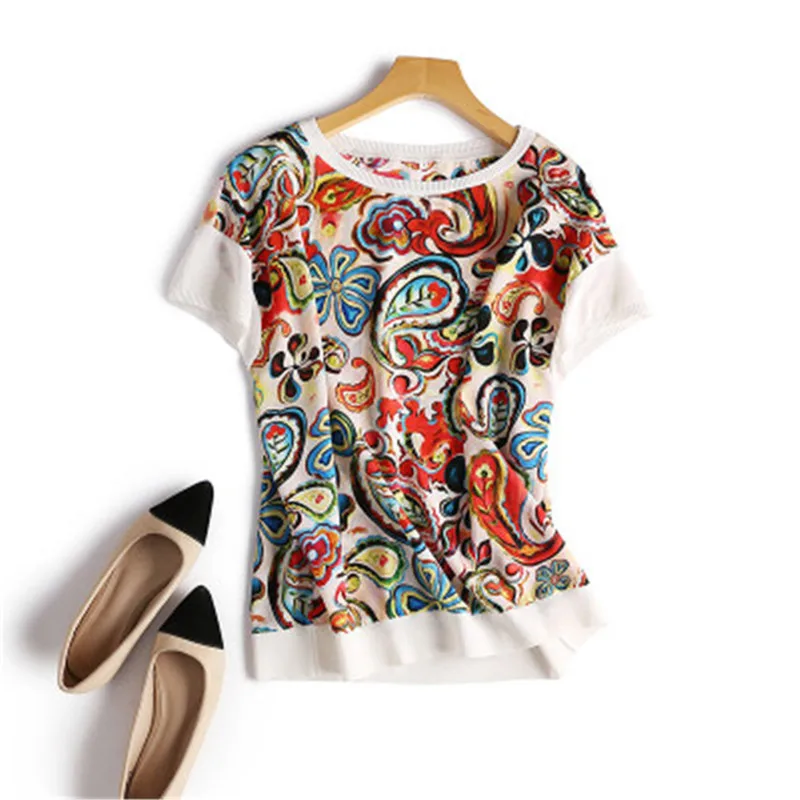 

polyester chiffon blend women fashion printed oneck thin t-shirt short sleeve tees multicolor one&over size wholesale