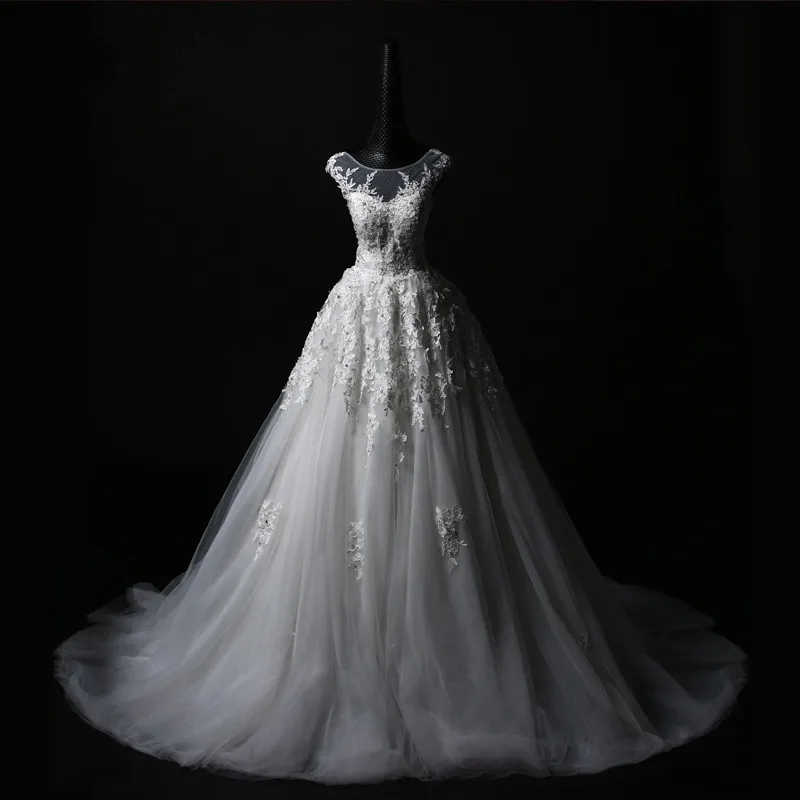 Элегантный Кружева Аппликации Кристалл Линия Тюль Суд Поезд Одеяние де Mariée