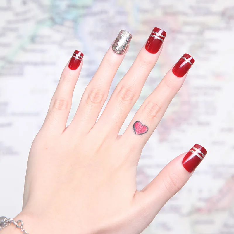 24pcs/set fake nails stiletto Jewelry full sets Shiny diamond chain false red handmade DIY Match jewelled nails# | Красота и здоровье