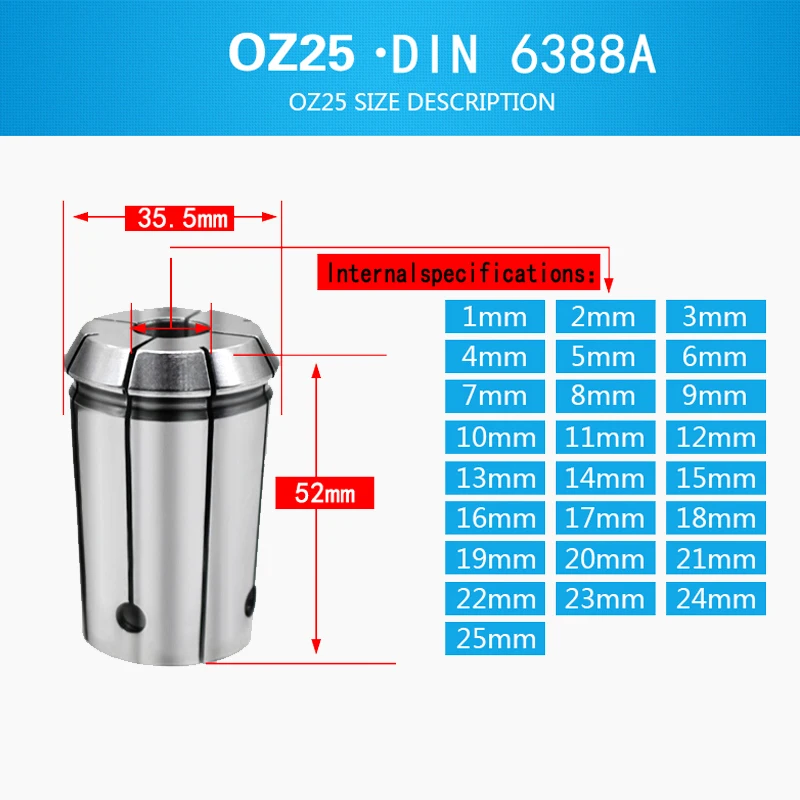 Пружинная Цанга OZ25 DIN 6388A в диапазоне от 3 4 5 6 7 8 9 10 11 12 13 14 15 16 17 18 19 20 21 22 23 24 до 25 мм