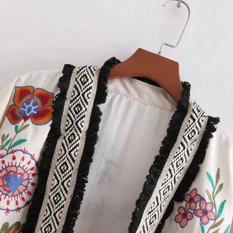2019 autumn women floral embroidery oversized kimono coat tassel patchwork open stitch pockets female loose outerwear coats | Женская