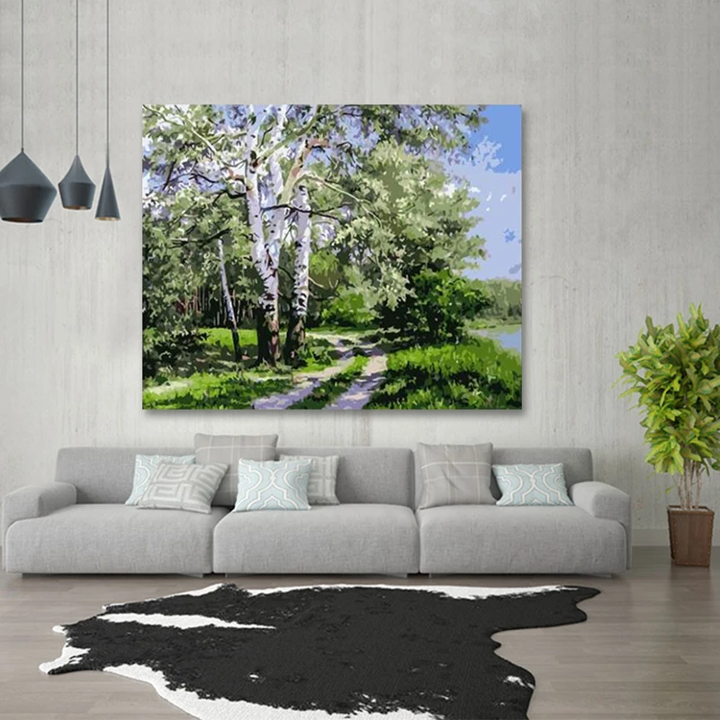 Водопад береза красный лист лес пейзаж картина маслом сделай сам цифровая