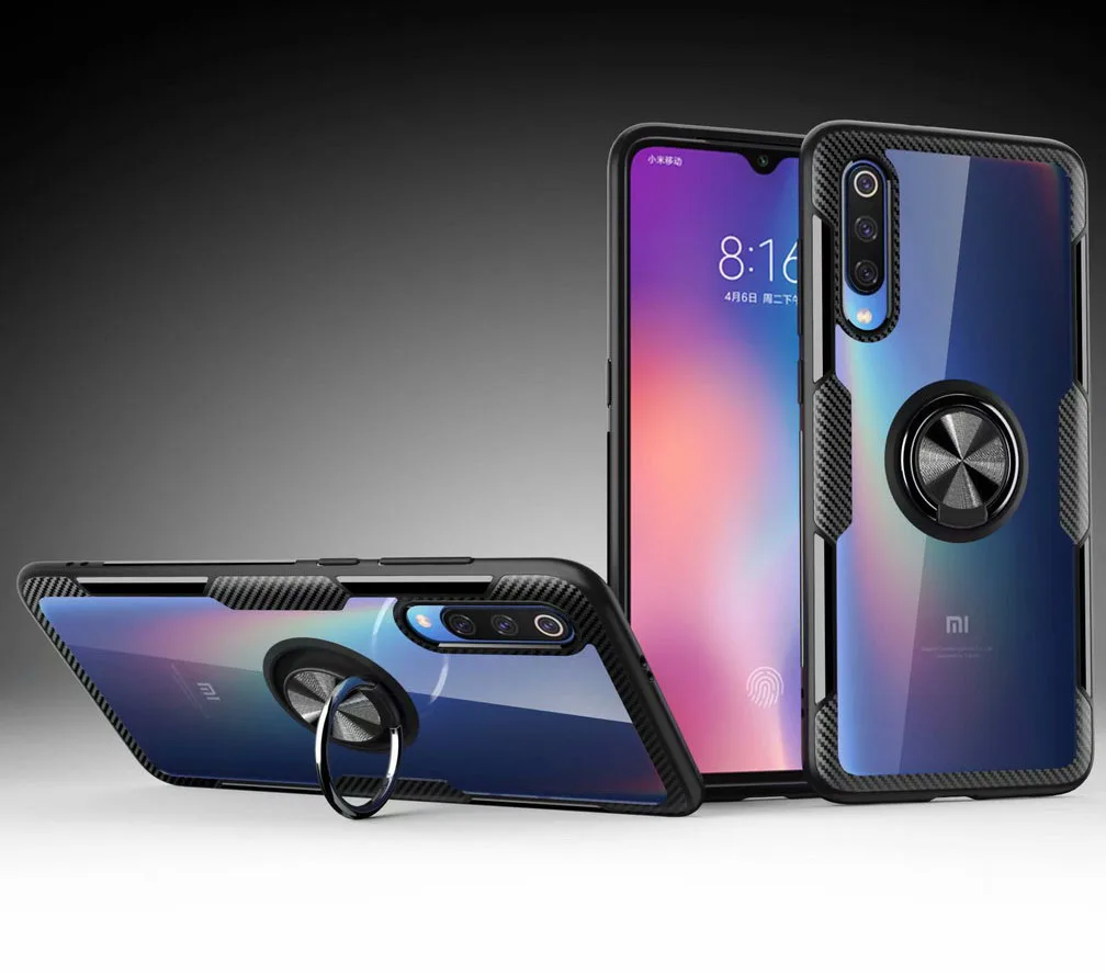 Прозрачный чехол для Xiaomi Mi 9 на магнитной присоске с кольцом палец мягкий из ТПУ