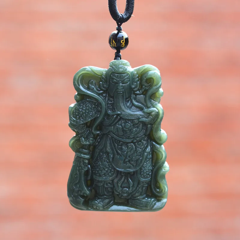 xinjiang Green HETIAN Jades Pendant Carved Chinese Wealth God Patron saint The Duke Guan Necklace | Украшения и аксессуары