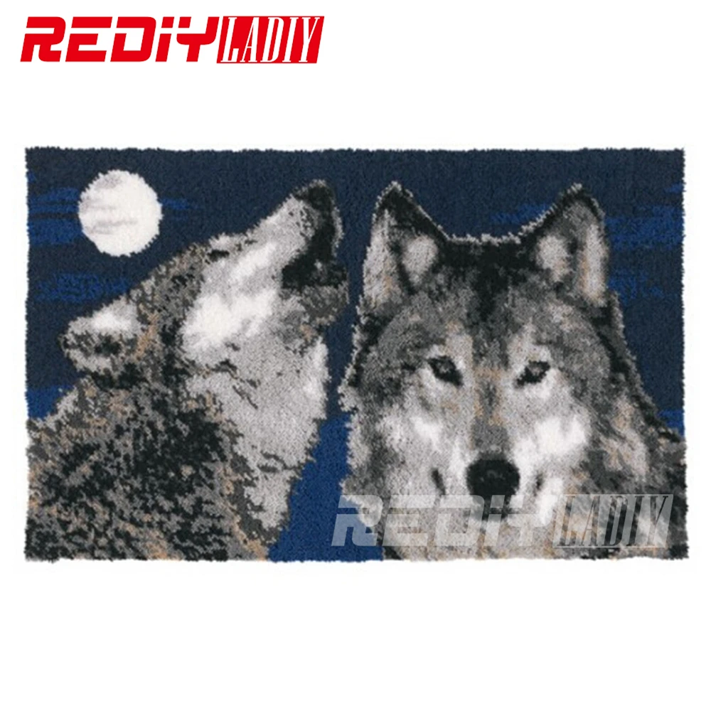 

REDIY LADIY Latch Hook Rug Crocheting Cushion Wall Tapestry Pre-Printed Canvas DIY Yarn Embroidery Moon Wolf Carpet Rug 110x69cm