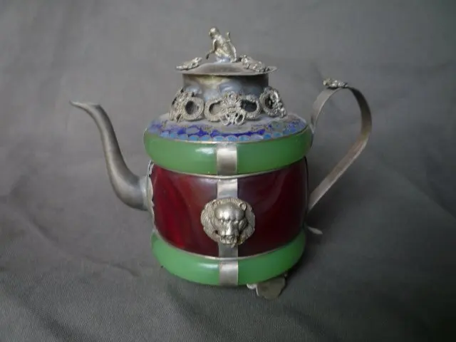 Коллекция старой династии Цин серебряный и нефритовый чайник Флагон с отметкой