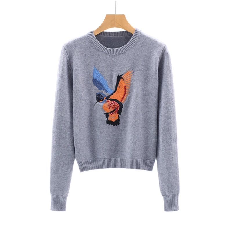 2017 Осень Зима укороченный свитер женский птица вышивка короткий Пуловеры с