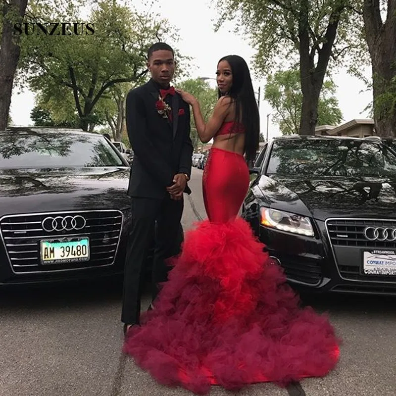 Mermaid Sweetheart Spaghetti Straps Prom Dress Sweep Train Ruffles Tulle Skirt Long Red Party Gowns Sexy Beaded Appliques Dress