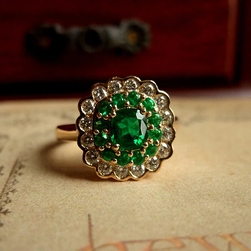 Обручальное кольцо, ювелирное изделие для женщин, 18 K, желтое золото, 1.1ctw Moissanite подушка, Зеленый Изумруд, Halo Кольцо Обручальное Кольцо
