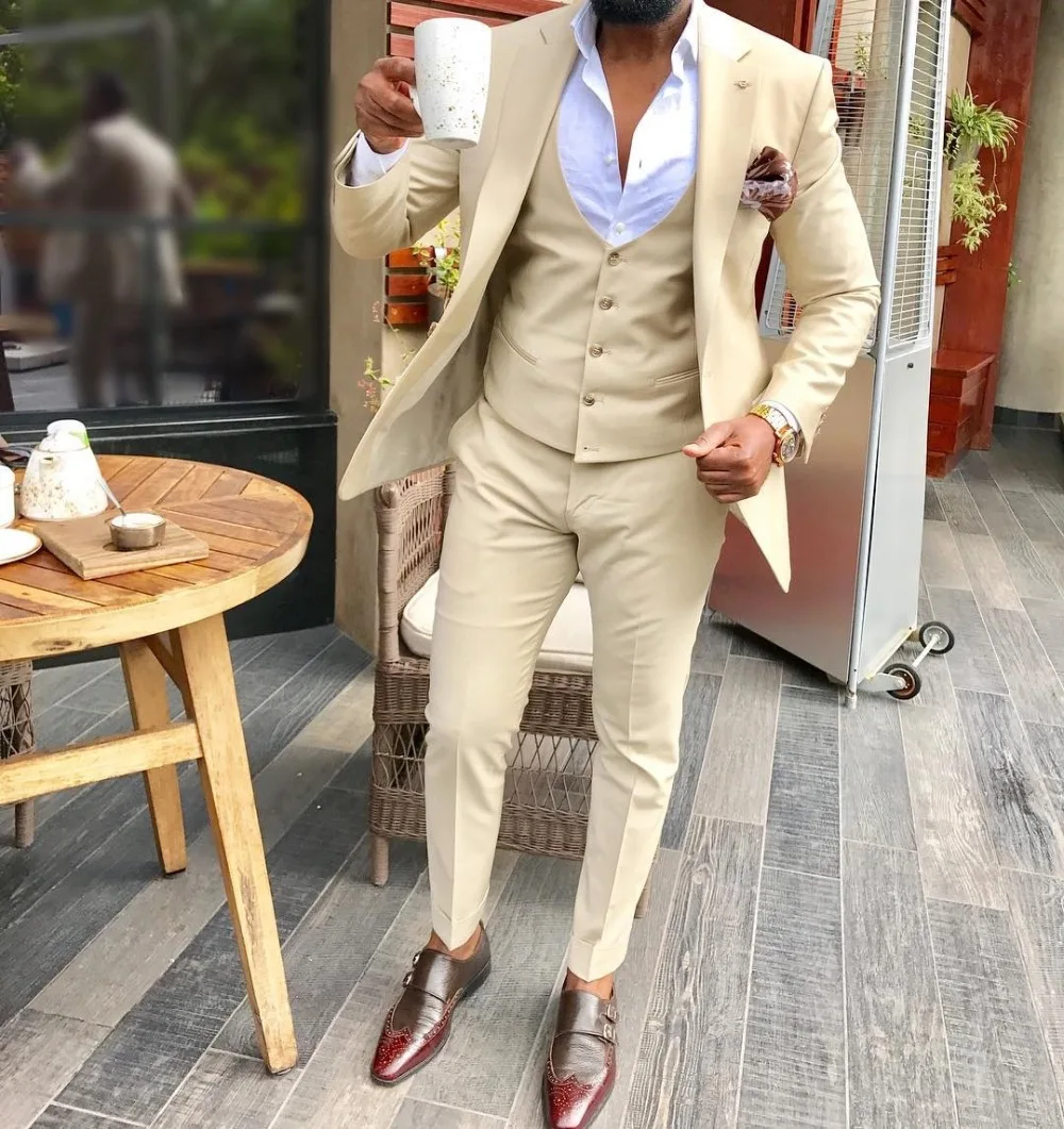 2022 New Men's 3 Pieces Champagne Suit Formal Business Notch Lapel Silm Fit Tuxedo Groomsmen For Wedding (Blazer+Vest+Pants)
