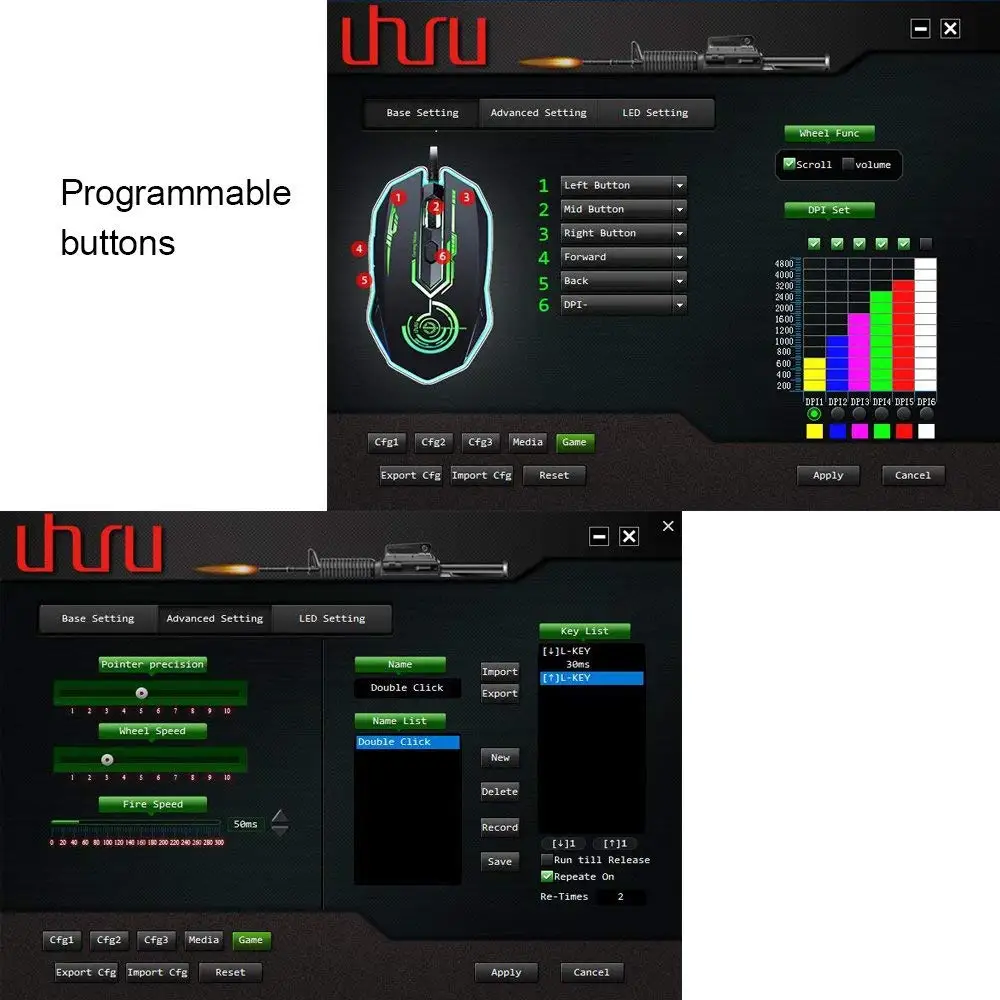 Проводная игровая мышь UHURU 6 кнопок 1200/1600/2400/3200 DPI компьютерная 7 цветов